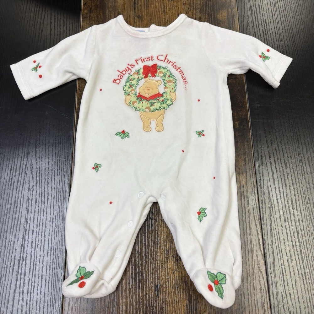 Vintage Disney's Winnie the Pooh "Babys First Christmas" WhiteVelvet Romper 0/3M